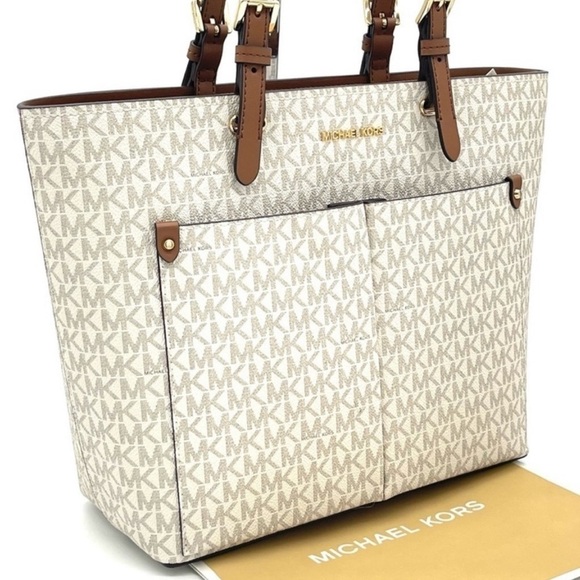 Michael Kors Medium Double Packet Tote Bag Vanilla/Brown - Picture 3 of 12